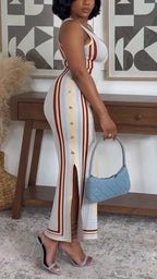 Women U-neck Sleeveless Slim Fit Colorful Vertical Stripe Side Buckle Slit Elegant Casual Maxi Dress