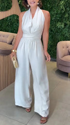 Women Halter Neck Solid Color Casual Jumpsuit
