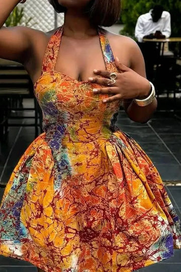Women Vibrant Multicolor Ankara Print Halter Pleated Skater Mini Party Dress