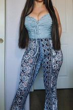 Women's Lace Up Pleated Vacation Jumpsuit Or Printed Skinny Jeans