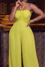 Women's Casual Bright Green Pleated Halter Jumpsuit with Textured Bodice