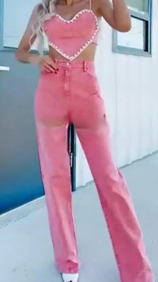 Women Suspender Heart-shaped Top+ Pants Sexy Casual Suit