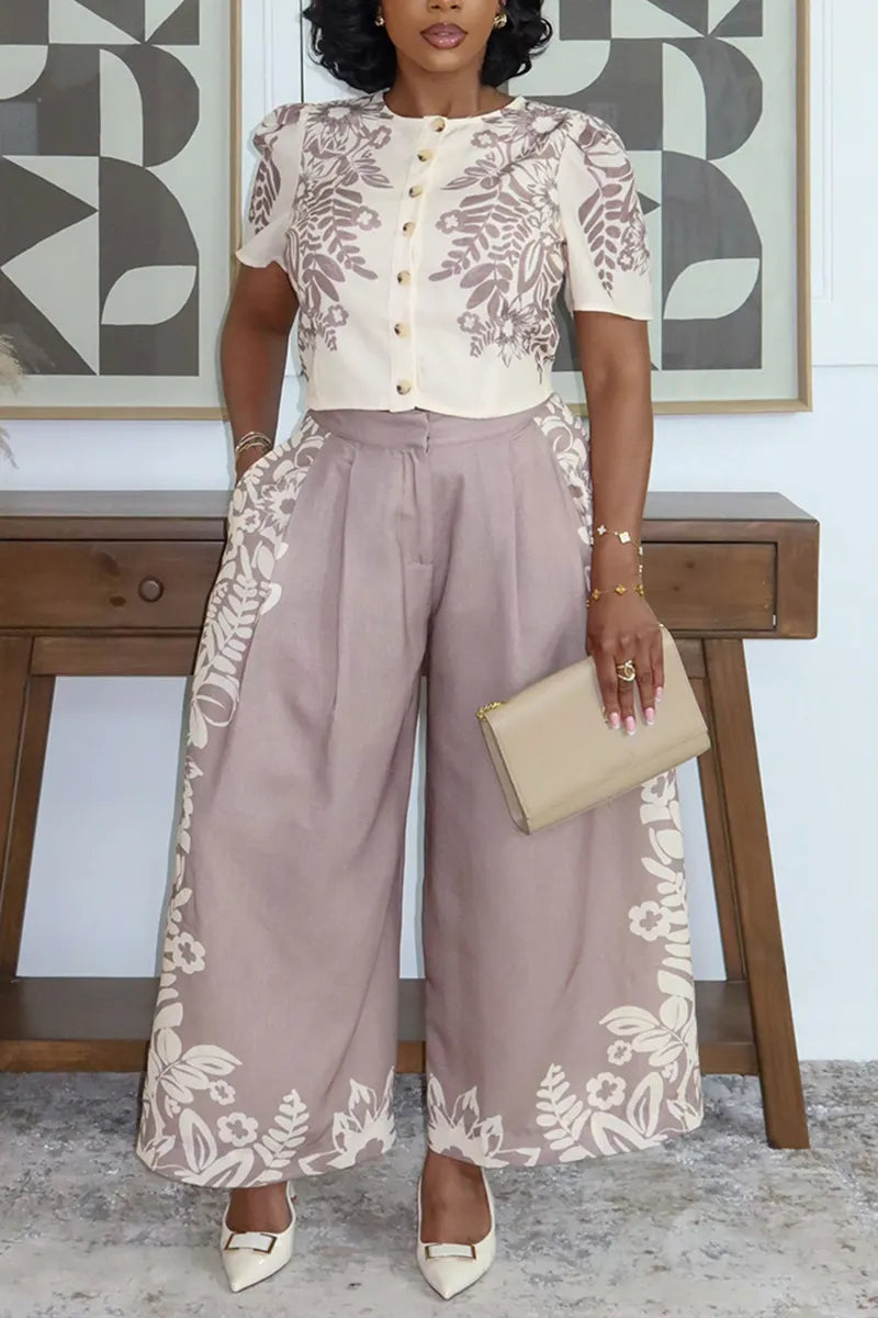 Women's Casual Floral Pattern Top & Wide Leg Pants