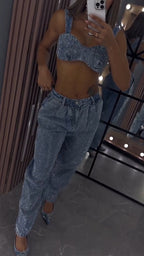 Women Strap Denim Hot Diamond Top+ Pants Casual Set