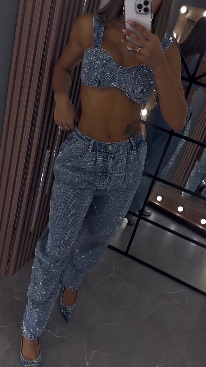 Women Strap Denim Hot Diamond Top+ Pants Casual Set