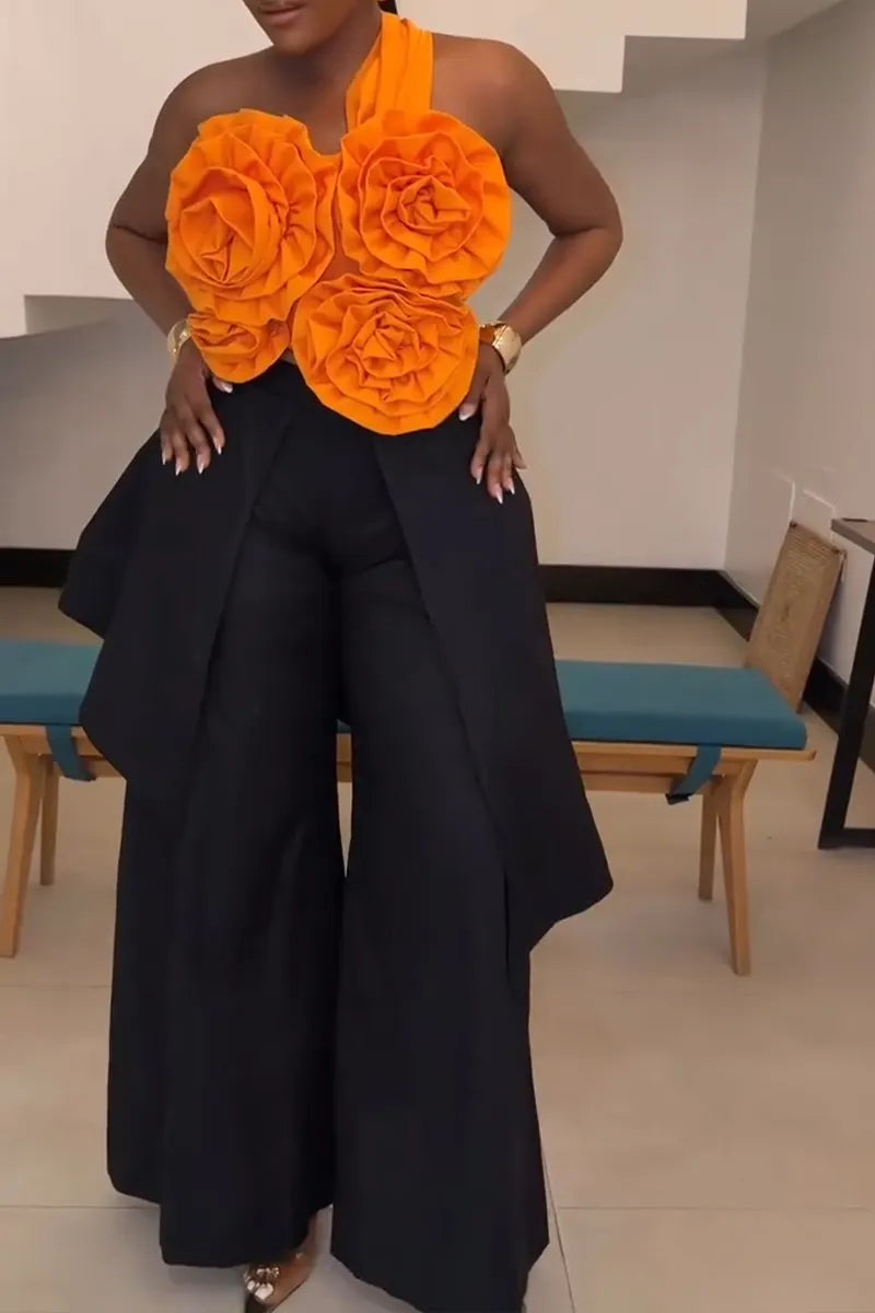 Women's Fashion 3D Floral Trim Vest Layered Pants Set