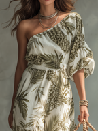 Elegant One-Shoulder Printed Maxi Dress