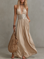 Elegant Halter Neck Sequin Waistband Maxi Dress