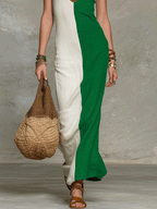 Chic Boho Green And White Halter Slim Silhouette Maxi Dress