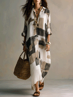 Boho Abstract Print Button-Front Relaxed Fit Maxi Dress