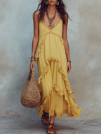 Boho Ruffle Tiered Flowy V-Neck Asymmetric Hem Maxi Dress