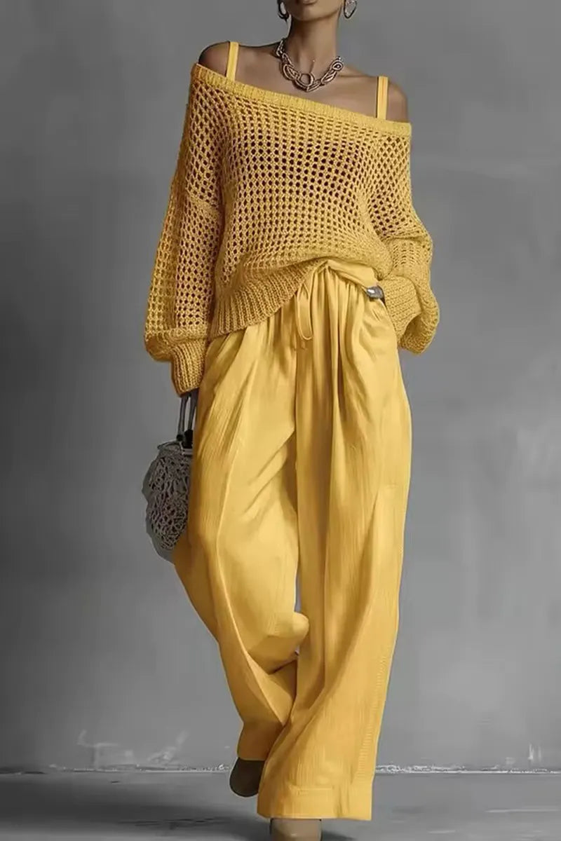 Women Suspender Woven Hollow Cover Shirt + Pants Casual Suit