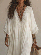Effortless Flowy Vacation Cream White Boho Maxi Dress
