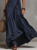 Elegant Navy Pinstripe Wrap Maxi Dress