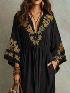 Bohemian Embroidered Waist-Tie Black Maxi Dress