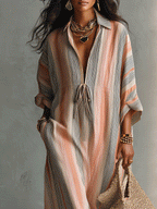 Casual Relaxed Beachwear Striped Flowing Stripe Striped V-Neck Maxi Dress