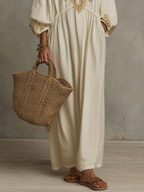 Elegant Gold Embroidered Long Sleeve Ivory Boho Maxi Dress