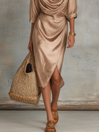 Elegant Draped Satin Resort Champagne Gold Midi Dress