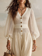 Elegant Open-Knit Resort Ivory White Maxi Dress
