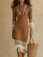 Elegant Vacation Tassel Hem Mocha Bodycon Midi Dress