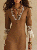 Elegant Vacation Tassel Hem Mocha Bodycon Midi Dress