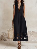 Elegant Vacation Minimal Chic Black Cotton-Linen A-Line Midi Dress