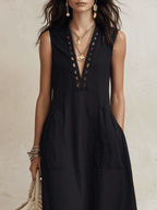Elegant Vacation Minimal Chic Black Cotton-Linen A-Line Midi Dress
