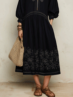 Bohemian Embroidered Resort Midnight Black Midi Dress