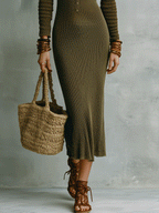 Bohemian Cold-Shoulder Resort Olive Green Knit Midi Dress