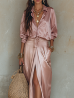 Rose-Lustre Satin Set — Modern Resort-Style Maxi Dress
