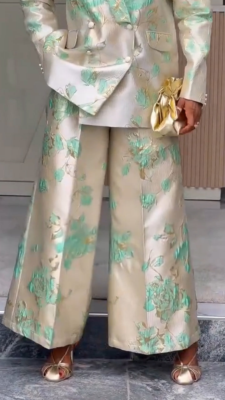 Women Collar Printed Jacket or Printed Wide Leg Pants