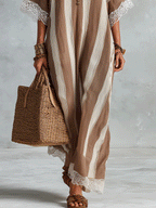 Effortless Coastal Elegance Neutral Stripe Lace Trim Maxi Dress