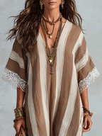 Effortless Coastal Elegance Neutral Stripe Lace Trim Maxi Dress