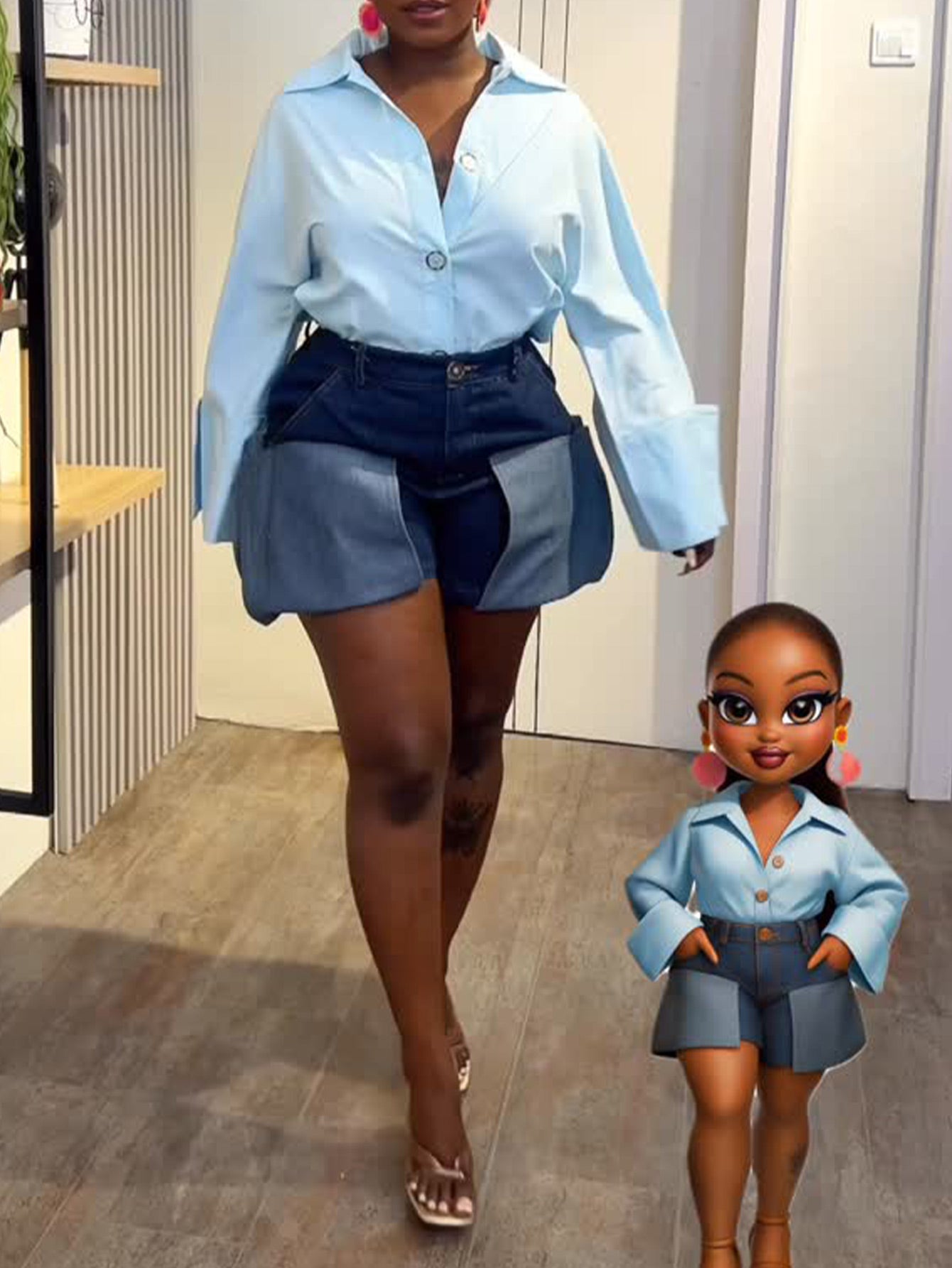 Women's Layered Flap Pocket Loose Fit Dark Denim Shorts