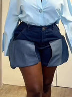 Women's Layered Flap Pocket Loose Fit Dark Denim Shorts