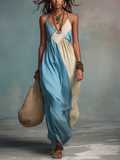 Artistic Blue Beige Colorblock Spaghetti Strap Maxi Dress