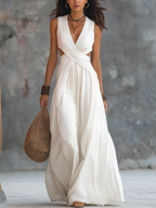 Elegant Ivory Crisscross Cutout Halter Maxi Dress