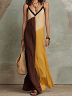 Stylish Color-Blocked A-Line Sleeveless in Earth Tones  Maxi Dress
