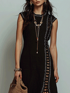 Effortless Coastal Elegance Black Crochet Trim High-Slit Midi Dress