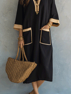 Effortless Coastal Elegance Black Tunic Pocket Detail Kaftan Midi Dress
