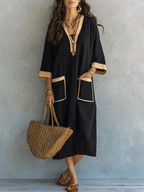 Effortless Coastal Elegance Black Tunic Pocket Detail Kaftan Midi Dress