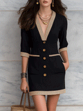 Elegant Contrast Trim Resort Noir Chic V-Neck Pocket Mini Dress