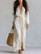 Bohemian Ivory Lace Trim Belted Wrap Maxi Dress