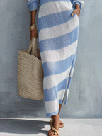 Bohemian Stripe Resort Sky Blue Off-Shoulder Knit Maxi Dress