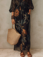 Effortless Coastal Elegance Dark Floral Sheer Overlay Maxi Dress