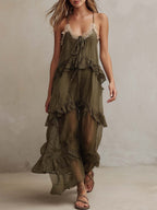Ruffled Spaghetti-strap Midi Dress