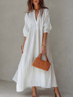 Loose Stand V Neck A-line Cotton Linen Midi Dress