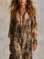 Bohemian Khaki Lace Print Maxi Dress