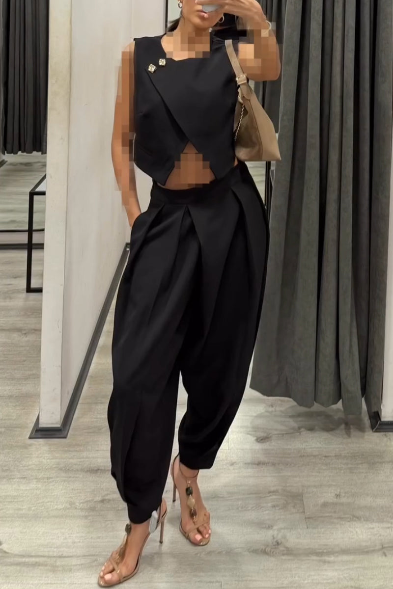Women Round Neck Patchwork Sleeveless Top+ Pants Casual Suit