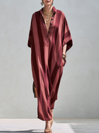 Bohemian Style Burgundy Striped Kaftan Maxi Dress